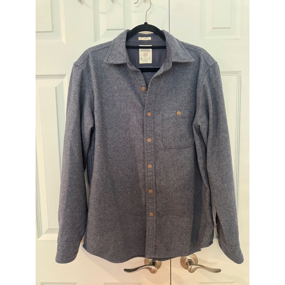 Fossil 54 Mens Wool Blend Button Down Shirt Blue Classic Fit Long Sleeve Medium